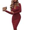 Fashion Lady Solid Color Long Sleeve Cross V Neck Bodycon Banquet Midi Dress