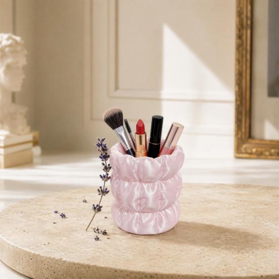 Yousheng Macaron Color Pen Holder, Cloud Pleat Design Pencil Holder, Soft Satin Compact Desktop Organizer for Pens Makeup