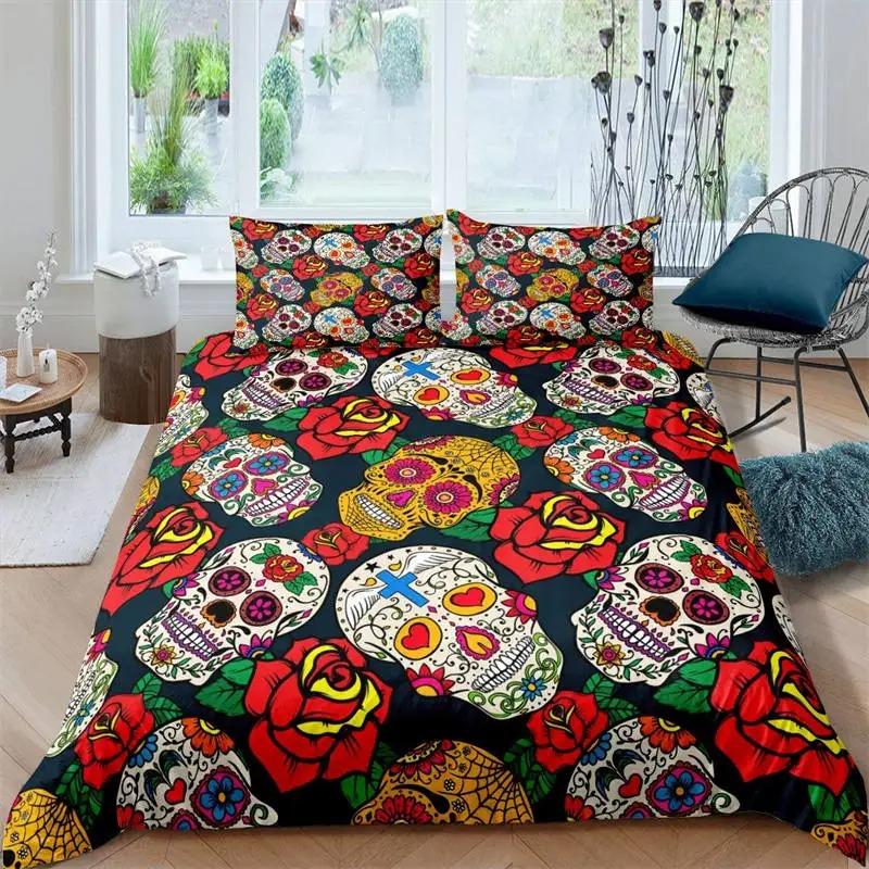 Sugar Skull Duvet Cover Luxury Gothic Skeleton Bedding Set Halloween Theme Floral Comforter Cover Twin Full For Girls Kids Teens