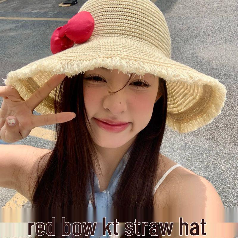 

Скидка для новичков: Соломенная шляпа от солнца с широкими полями и красным бантом, защита от УФ-лучей