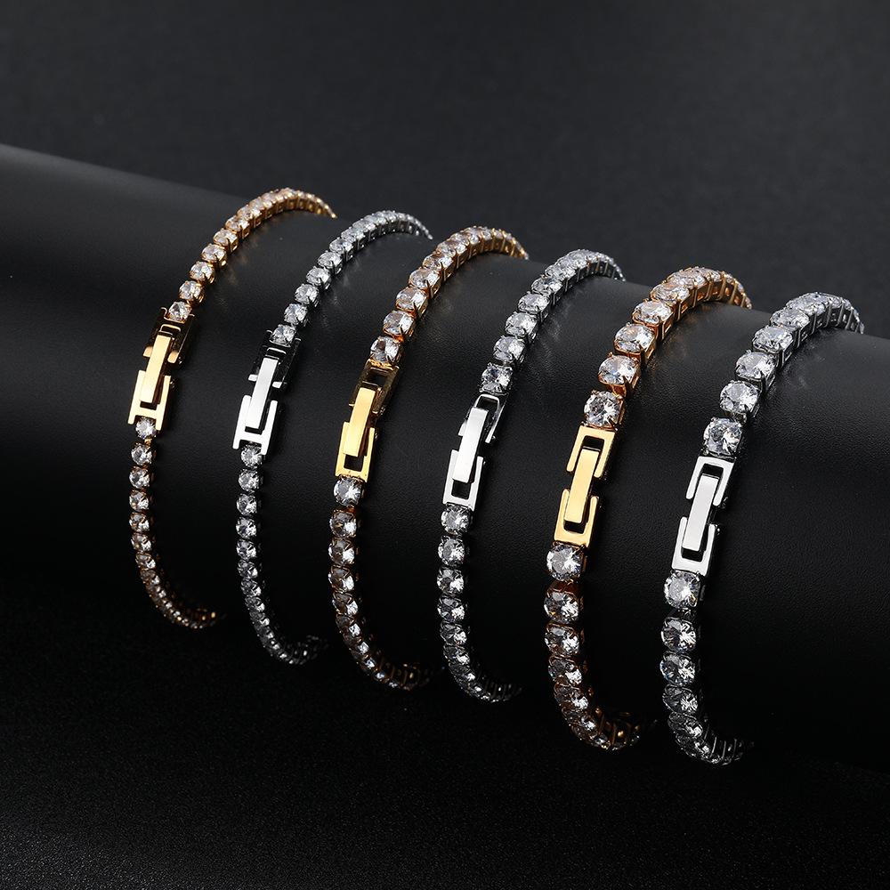 European and American Hip-Hop Titanium Steel Non-Fading Single Row Full Diamond AAA Zircon Tennis Bracelet Unisex Trendy Jewelry