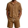 Men Solid Jacquard Short Sleeve Shirt Loose Casual Hawaiian Beach Vacation Two Piece Set