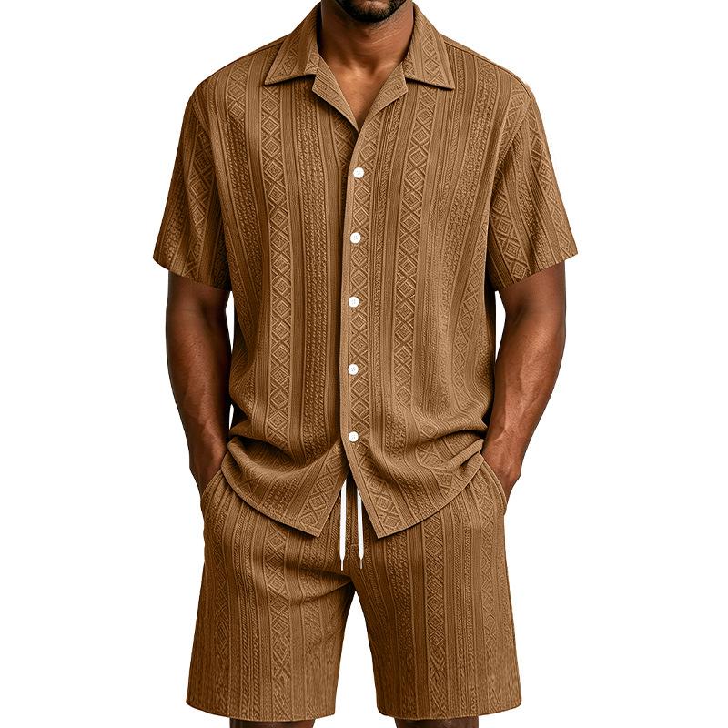 Men Solid Jacquard Short Sleeve Shirt Loose Casual Hawaiian Beach Vacation Two Piece Set