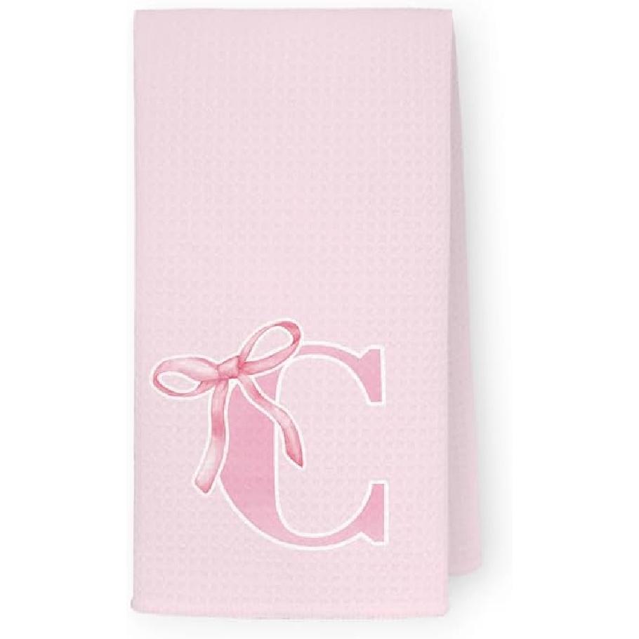Coquette Pink Bows Personalized Kitchen Towels, Initial K Letter Decor, Pink Monogrammed Hand Towels for Bathroom, Sweet Dish Towels for Kitchen