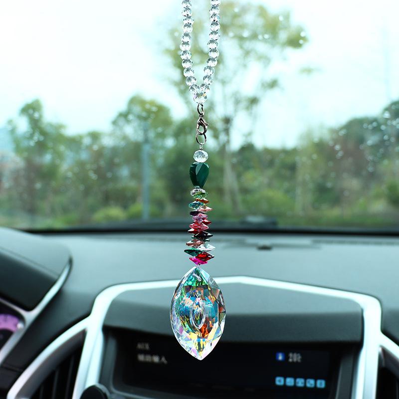 1pc Color Crystal Pendant Rainbow Drop Diamond Prisms Rearview Mirror Hangings Car Accessories Home Room Garden Decor Wind