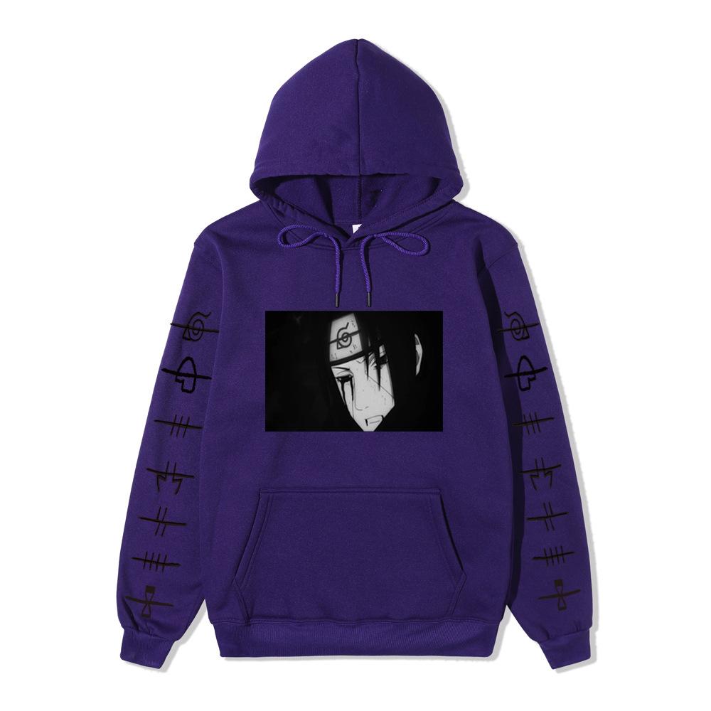 Anime Naruto Itachi Uchiha Hoodie Double Sleeve Symbol Print Character Front Print Pullover Sweatshirt Men Women Streetwear