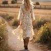 Women's Long  Sleeve Women's Dress Casual Flowy A,Line Midi  Dresses  V,neck Vocation Boho Beach Sundress