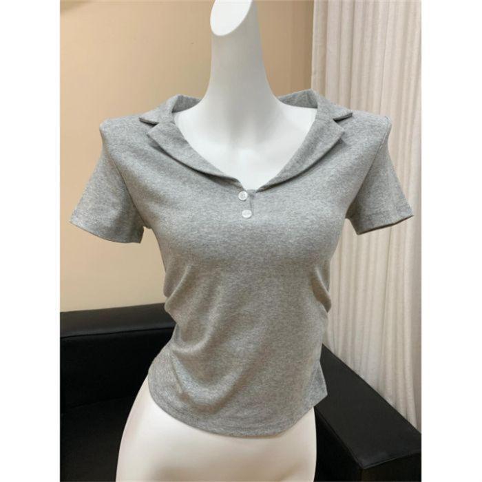 Polo Lapel Exposed Clavicle Short-sleeved T-shirt Women's Summer Slim Short Top