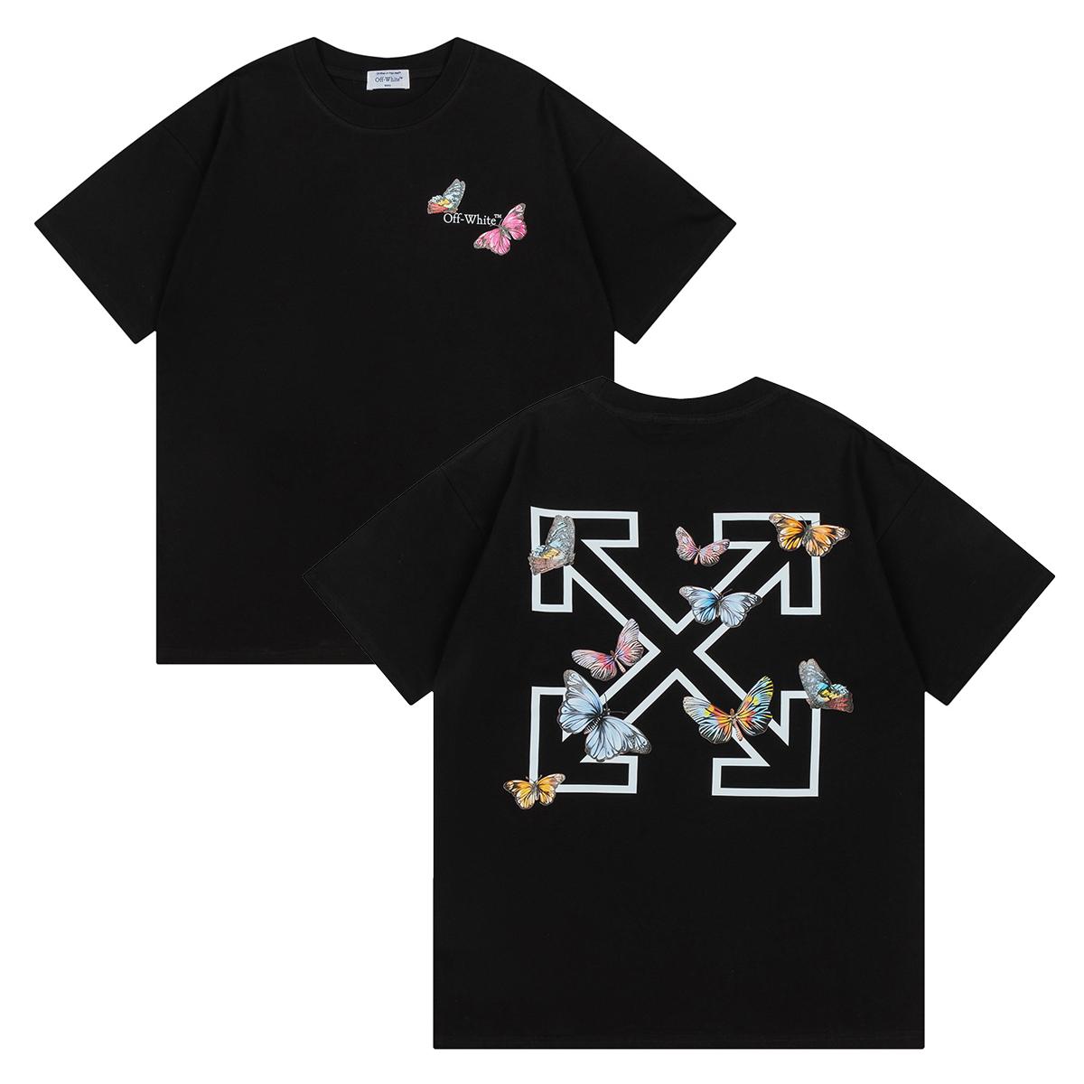 Off-White 2025 Lente/Zomer Nieuw Vlinder Pijl Patroon Ronde Hals Korte Mouw Heren- en Dames T-shirts XL zwart