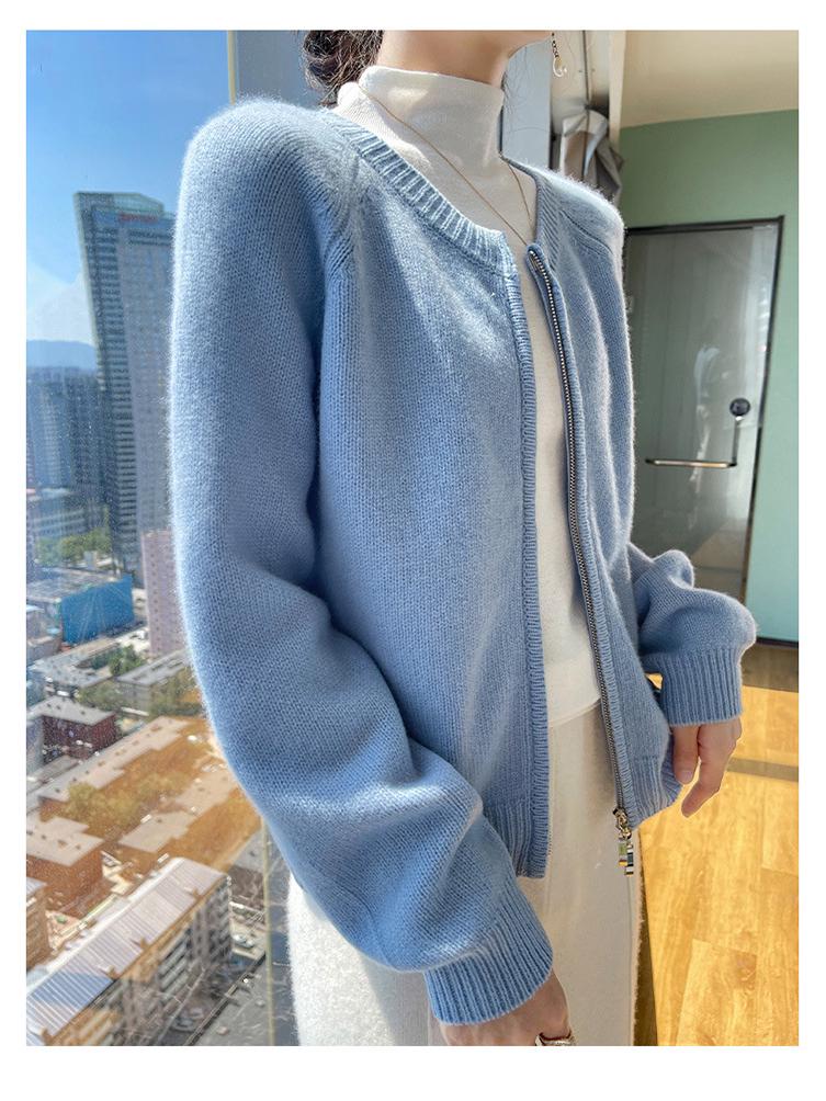 Korean Style Retro Round Neck Knit Cardigan for Women - Petite Autumn High Waist Zip Sweater