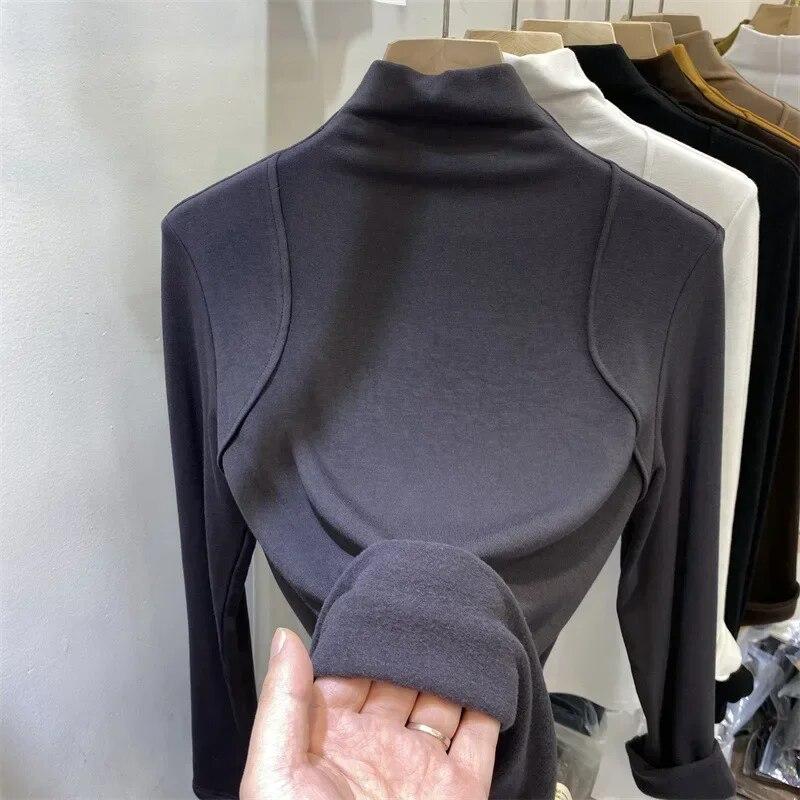 Autumn Winter Fashion Long Sleeve Half High Collar Underlay Top Korean Cotton Solid T-shirt Womens Slim Fit Clothes 30074