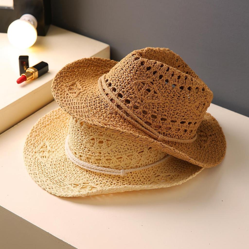 New Hand-woven Straw Hat Women's Hollow Spring and Summer Breathable Men's and Women's Couple Hats Sun Protection Western Cowboy Hat
