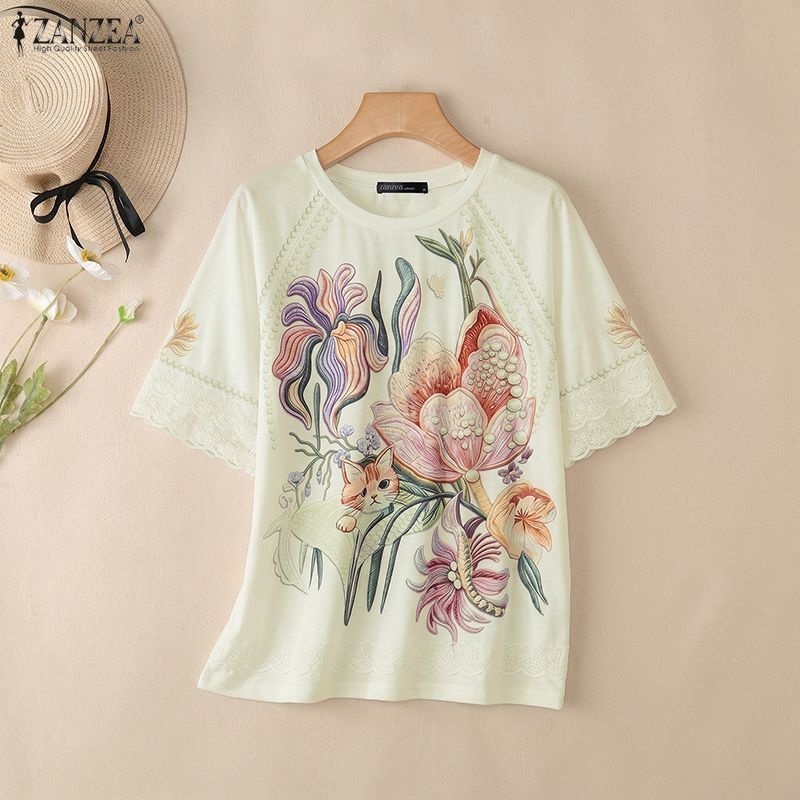 ZANZEA Women Casual Round Neck Floral Print Loose Lace Splice Short Sleeve Blouse