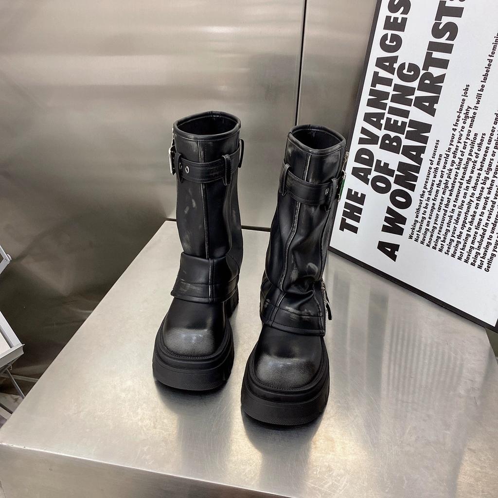 Women Fashion Boots European Leather Square Toe Maillard Western Cowboy Thick Soled Boots Motorcycle Short Boots