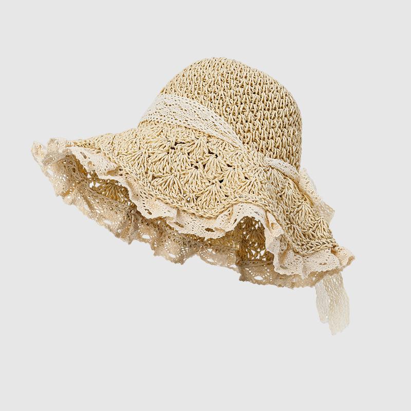 Straw Hat for Women Summer Handmade Weave Hollow Lace Up Anti-UV Beach Cap Foldable Large Brim Panama Bucket Fashion Sun Hat