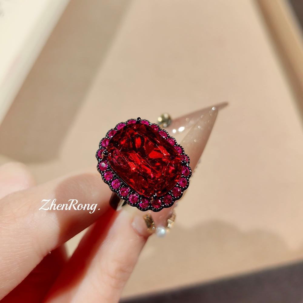 Fashion Women Jewelry Set Diamond Garnet Pendant Necklace Red Gemstone Ring Earrings Simple Elegant Luxury Accessories