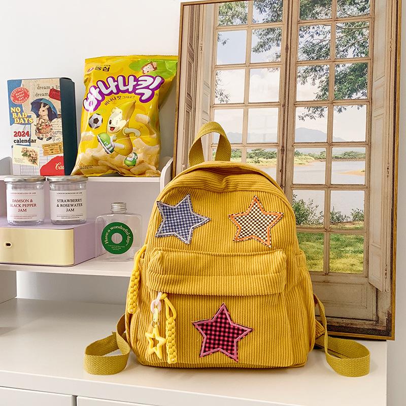 Corduroy Backpack Women'S Style Solid Color Versatile Star Schoolbag Female Middle School Student Small Backpack