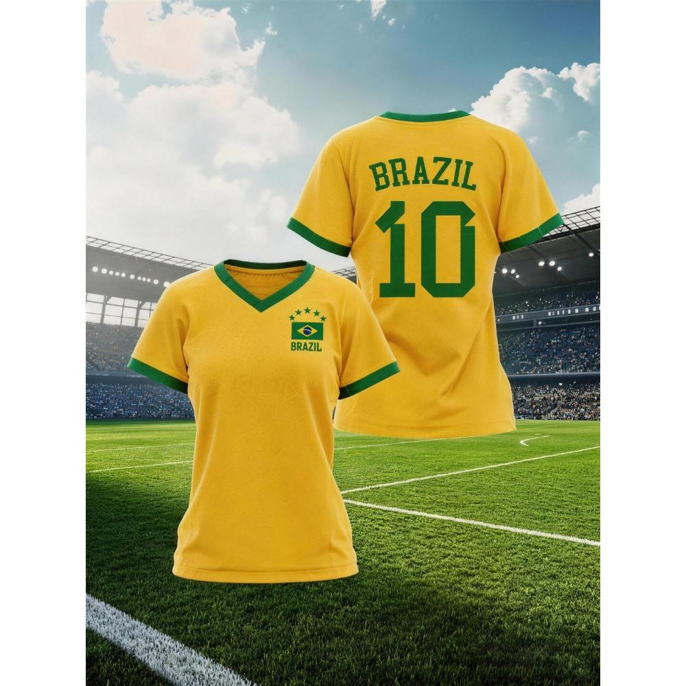 Brazil National Flag Print Women T-shirts Casual V-neck Short Sleeve Tee Fashion Brasil Fan Jersey Summer Sports Female Clothing S