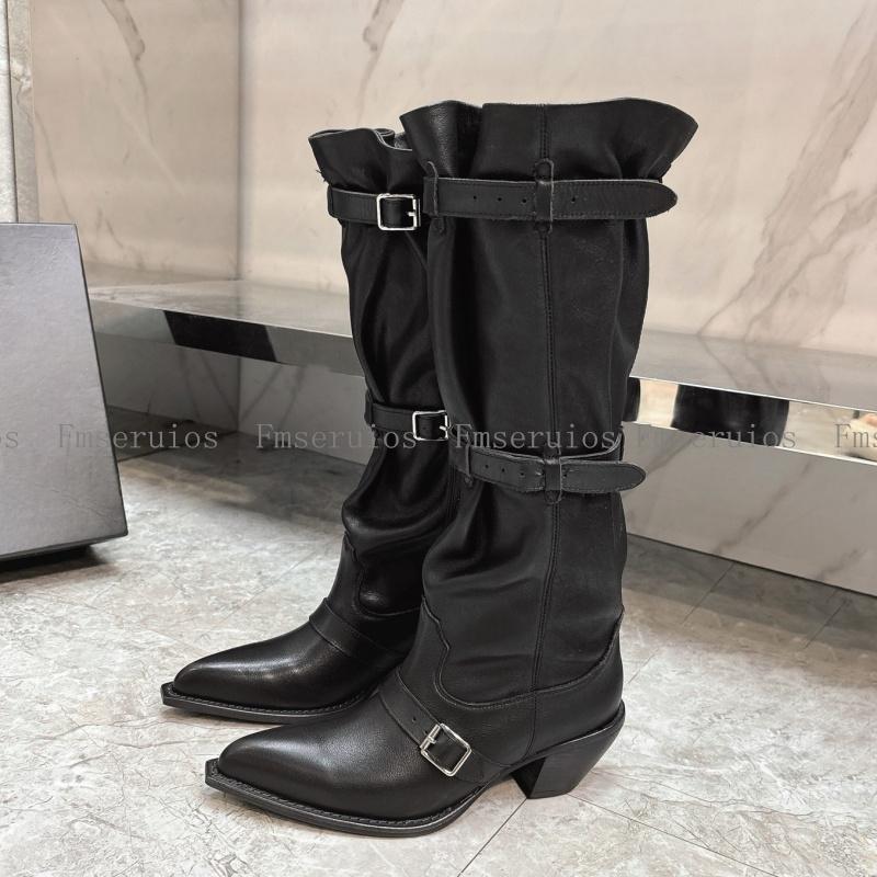 Women Knee High Boots Genuine Leather Pointed Toe Chunky Heel Solid Casual Fashion Simple Design Shoes Western Cowboy Boots