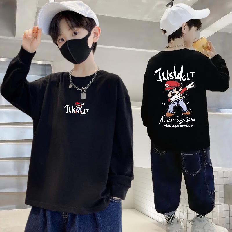 

100% Cotton Boys Long-Sleeve Cartoon Sports T-Shirt, Autumn Loose Fit, Round Neck for Children 140cm (60-70 jin)