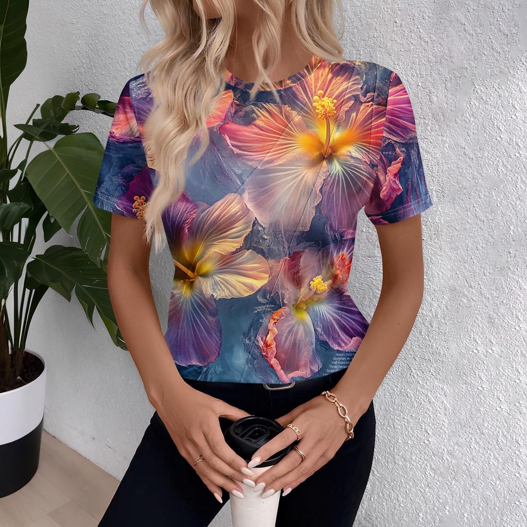 Women's Short Sleeve Tops Pleated  Neck Loose Fit T-Shirt