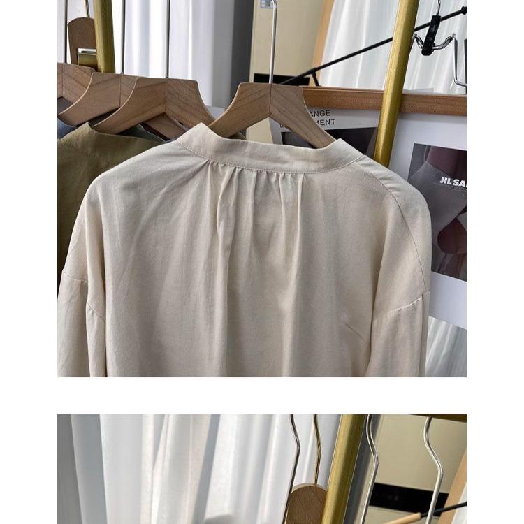 Cotton Shirt for Women Double Breasted Small Stand Collar Long Sleeved Shirt Commuting Top Shirt for Women
