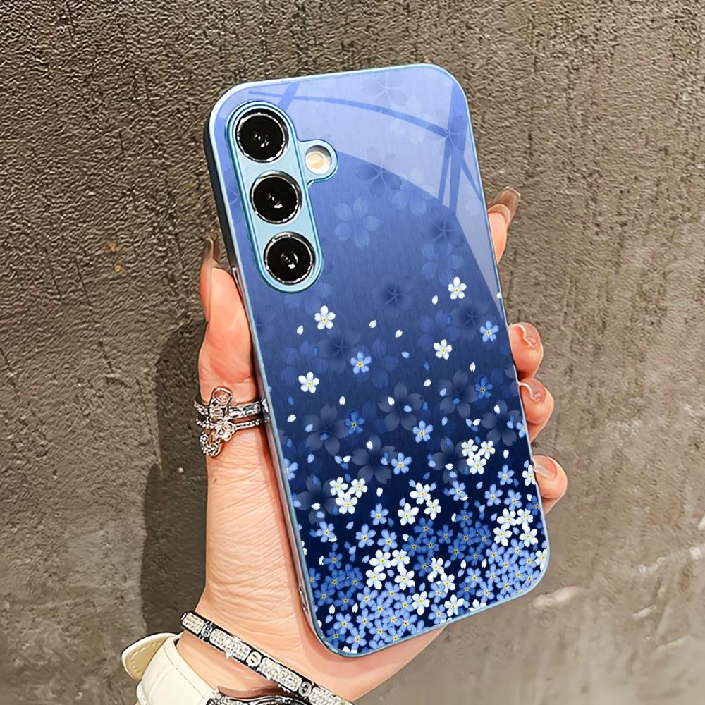 Blue white flowers PhoneCase for Samsung Galaxy S26 S25 S24 S23 S22 FE Ultra Plus Built-in glass feel bare machine Men women
