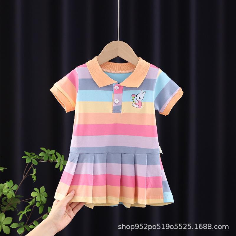 Stylish Summer Dress for Toddler Girls (1-3 Years) - Striped Lapel, Short-Sleeved, Pleated Skirt