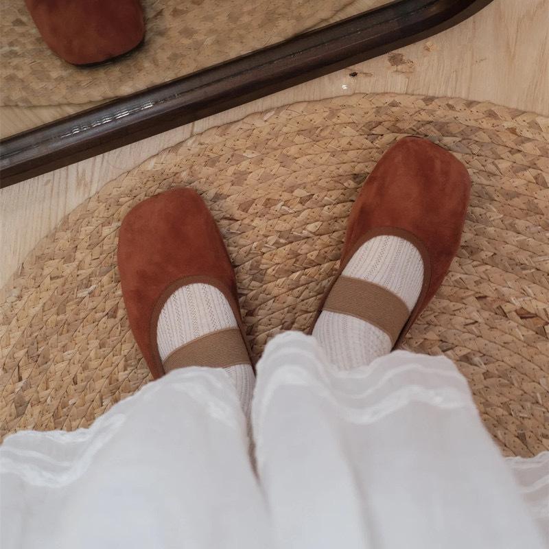 Leather retro niche suede square head shallow mouth comfortable flat ballet shoes with Mary Jane single shoes women's shoes