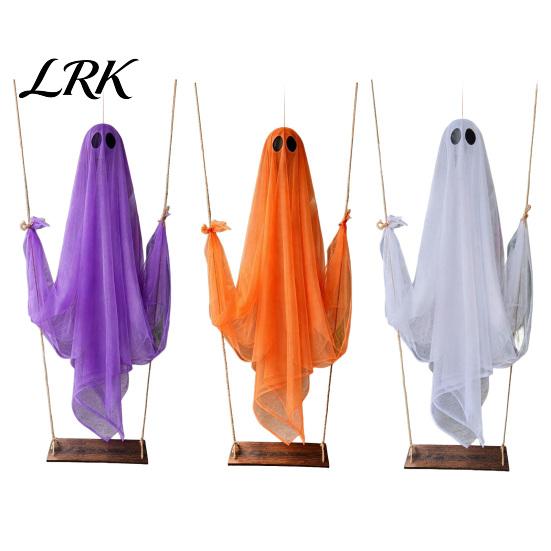 Glowing Ghost Ornament Halloween Decoration, Large Hanging Swing with LED String Lights, Multi-color Battery Powered Figure for Outdoor Indoor