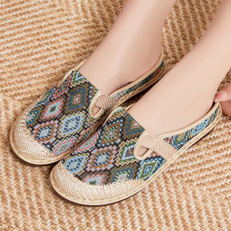 CRLAYDK Retro 2024 Summer Women's Bohemian Woven Casual Shoes Slip On Travel Slides Flats Lady Home Outdoor Walking Sneakers