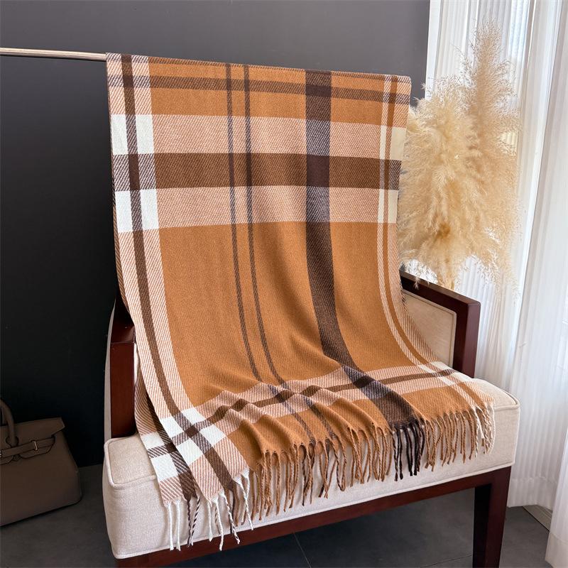 Sweet and Simple Plaid, Warm In Autumn and Winter, Cold Scarf Shawl, Commuting Versatile Couple Tassel Imitation Cashmere Scarf