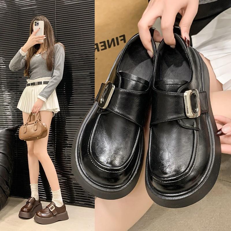 Platform Loafers Women's 2025 New Spring British Style Single Shoes Soft Leather Comfortable Muffin Soft Sole Black Small Leather Shoes