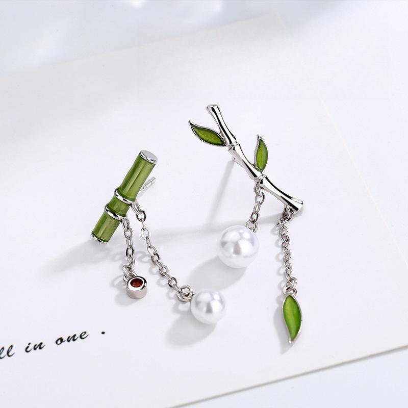 Retro Chinese Style Niche Asymmetrical Drip Glaze Bamboo Earrings Women's Small Fresh and Beautiful Fringed Earrings