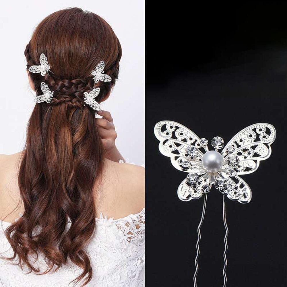 5Pcs Fashion Bridal U-shaped Rhinestone Pearl Flower Hairpin Metal Hair Barrette Rhinestone Hair Clip Crystal Flower Hair Fork