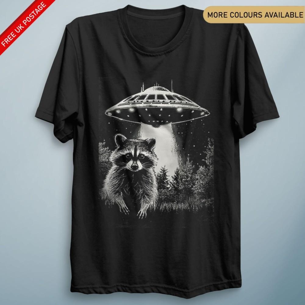 UFO Raccoon Abduction T Shirt Funny Supernatural Halloween Tee Unisex Top S