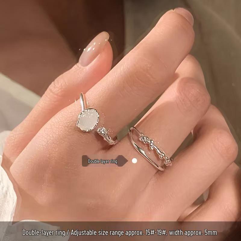 Damen 925 Sterling Silber Mondstein Offener Ring - High-End Light Luxury Zweilagiger Bandring