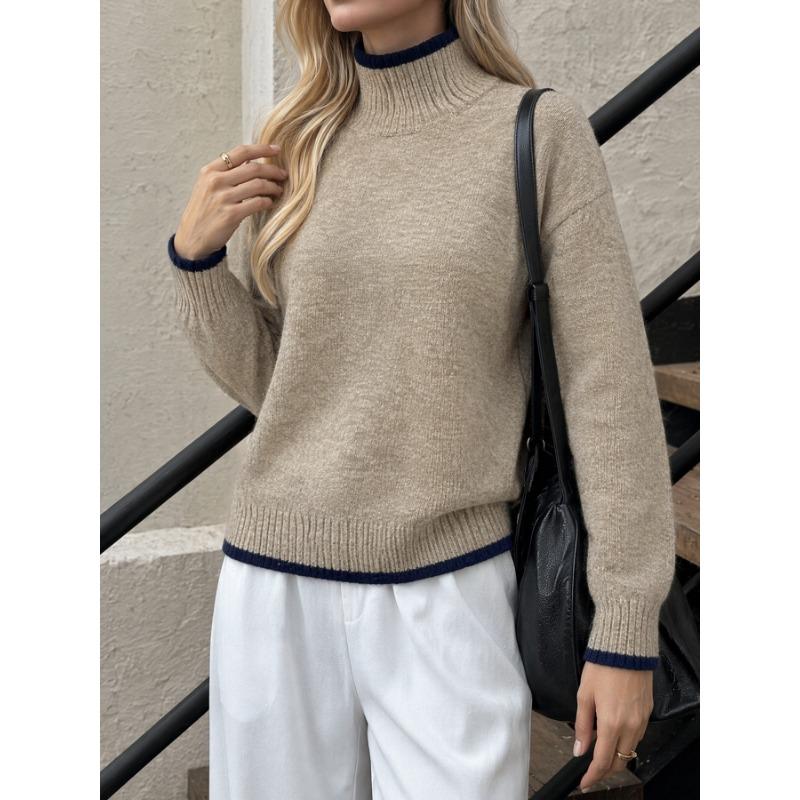 Women Half Turtleneck Color Block Long Sleeve Knitted Loose Pullover Sweater Casual Bottoming Top