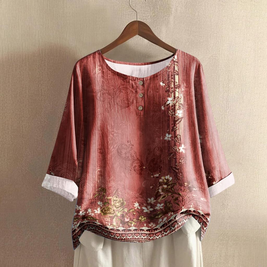 Women's Casual Three-quarter Sleeve Round Neck Gradient Color Printed Cotton And Linen Top