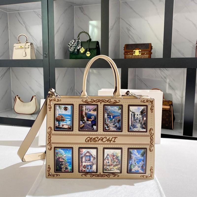 

High-end Light Luxury Embroidery Landscape Painting Print Handbag Niche Original Design Shoulder Bag off білий колір