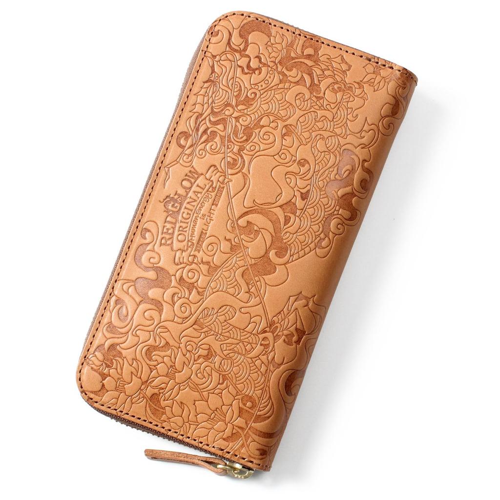 Dlouhá peněženka vyrobená v Japonsku, pravá kůže Tochigi, kulatý zip, japonský vzor, ​​velbloudí [červená záře], pánská RG-004