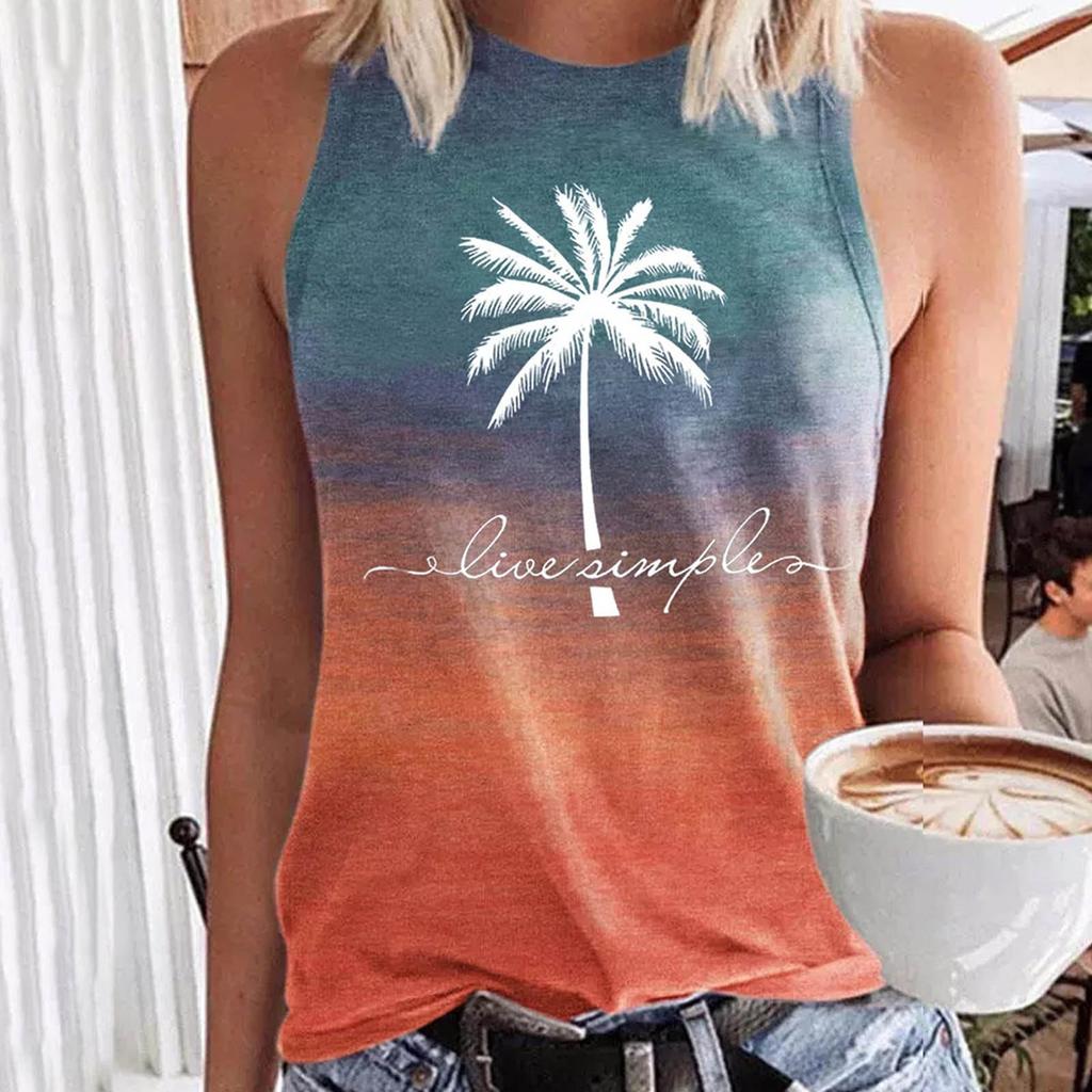 Sleeveless Tank Tops Women Gradient Coconut Tree Print Vest Letter Tanks T-Shirt Casual Crew Neck Tops Hawaii Vacation Tees