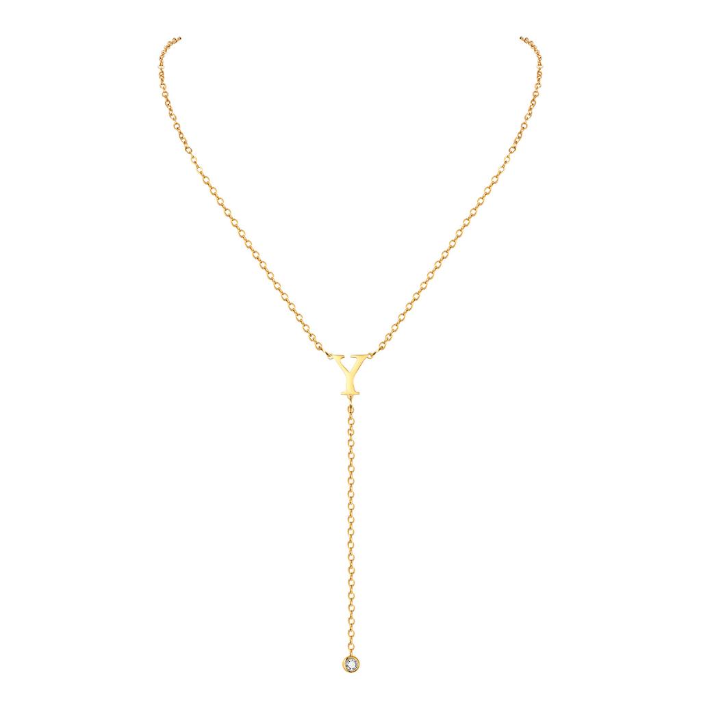Lariat Initial Necklaces Women, Stainless Steel Long Chain, A- Z Letter With Zirconia Pendant Drop Neckalce, Y-shaped Jewelry