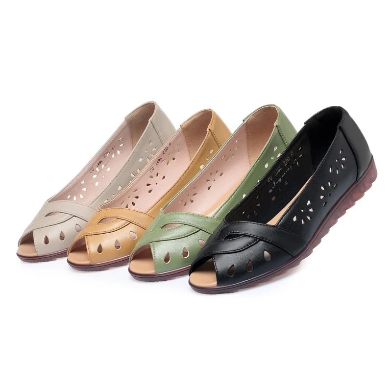 2025 Newly Cutout Leather Sandals Woman Fashion Peep Toe Wedge Summer Shoes Ladies Slip On Hollow Out Loafer Sandal Mom's Shoes