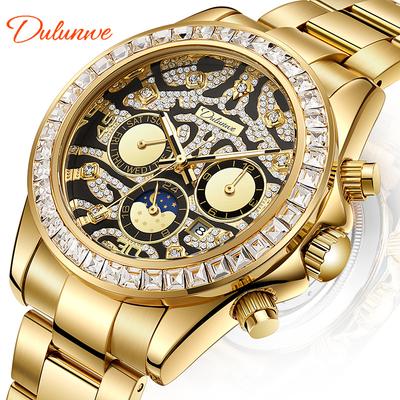 Pánské zlaté luxusní hodinky s diamanty Tygrovaná textura Měsíční fáze Mechanické automatické hodinky Retro číselník s tetováním Nerezové náramkové hodinky