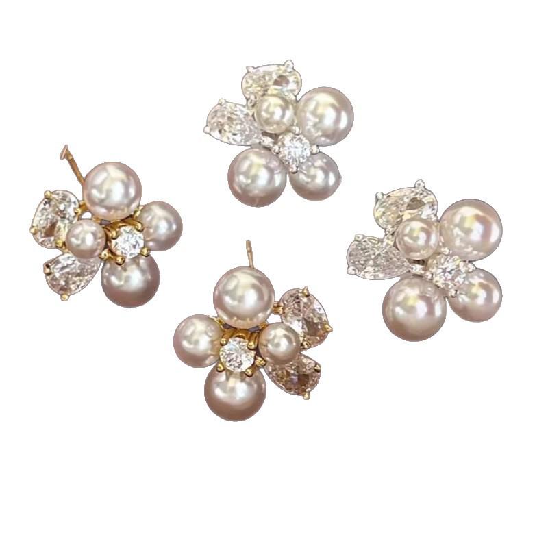Romantic Zirconia Petal Pearl Stud Earrings: Unique, Beautiful, Light Luxury Flower Design for New Year.