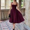 Rochie Midi Eleganta Casual pentru Femei, Pătrată la Gât, Fără Mâneci, Croială Slim Fit, Talie Înaltă, Linie A