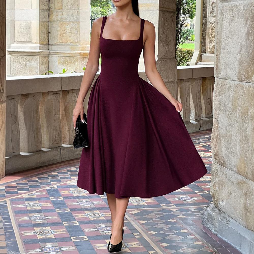 Rochie Midi Eleganta Casual pentru Femei, Pătrată la Gât, Fără Mâneci, Croială Slim Fit, Talie Înaltă, Linie A