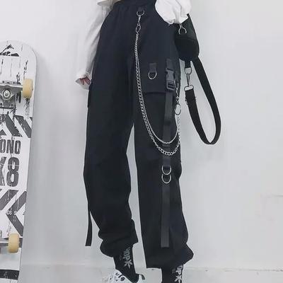 Women's High-Waist Black Overalls with Cuffs, Loose Fit, Korean Style with Chain - Trendy Autumn Fashion.