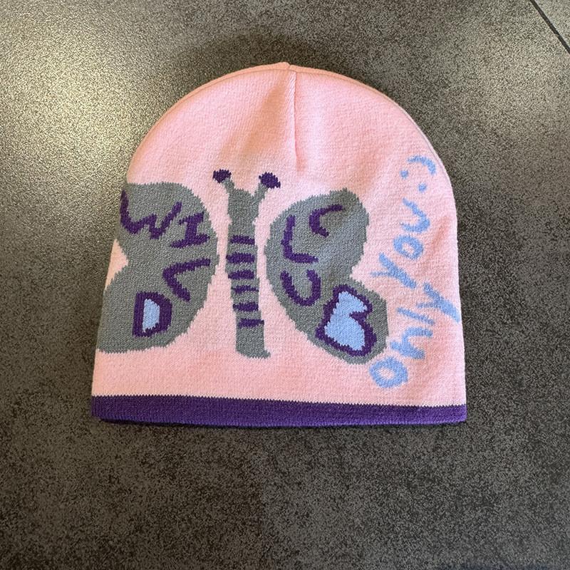 Cozy Pink Butterfly Pattern Knit Hat With Acrylic Material For Autumn Winter